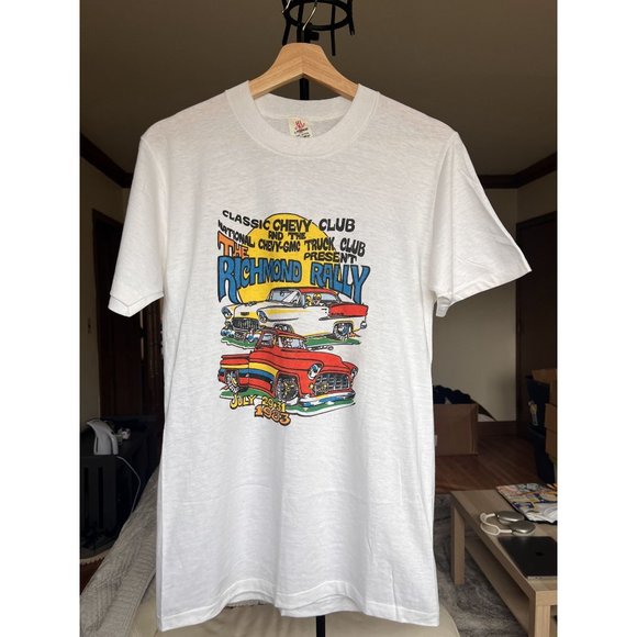 VINTAGE 1980S CHEVY CLUB CAR RALLY WHITE SINGLE STITCH T SHIRT SIZE M STEDMAN - Picture 1 of 6